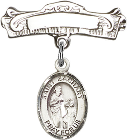Personalized Baby Badge - Engraved Badge Pin with St. Zachary Charm