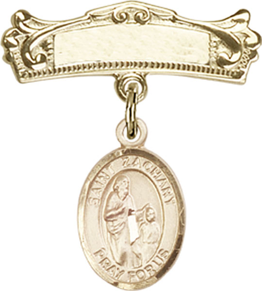 Personalized Baby Badge - Engraved Badge Pin with St. Zachary Charm