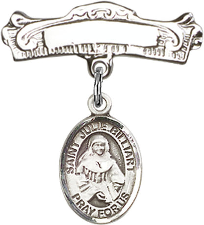 Personalized Baby Badge - Engraved Badge Pin with St. Julie Billiart Charm