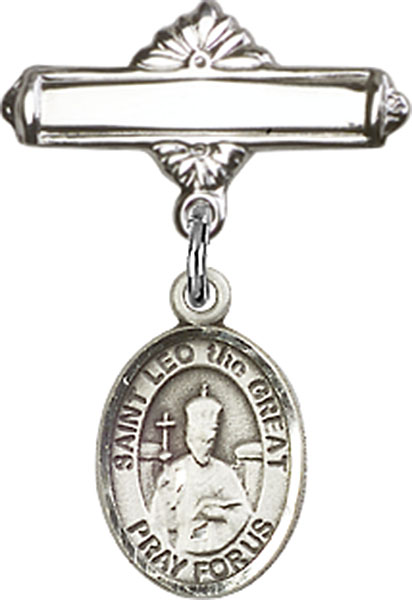Personalized Baby Badge - Engraved Badge Pin with St. Leo the Great Charm