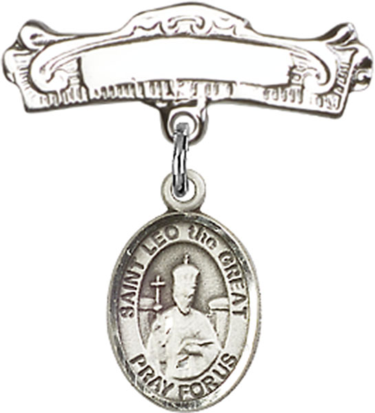 Personalized Baby Badge - Engraved Badge Pin with St. Leo the Great Charm