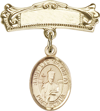 Personalized Baby Badge - Engraved Badge Pin with St. Leo the Great Charm
