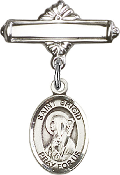 Personalized Baby Badge - Engraved Badge Pin with St. Brigid of Ireland Charm