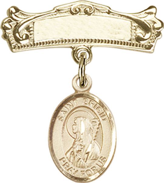 Personalized Baby Badge - Engraved Badge Pin with St. Brigid of Ireland Charm