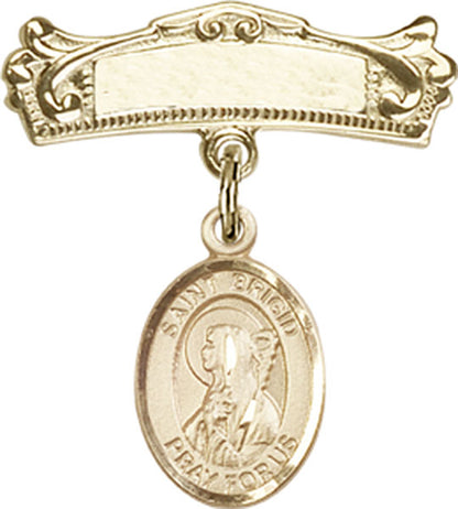 Personalized Baby Badge - Engraved Badge Pin with St. Brigid of Ireland Charm