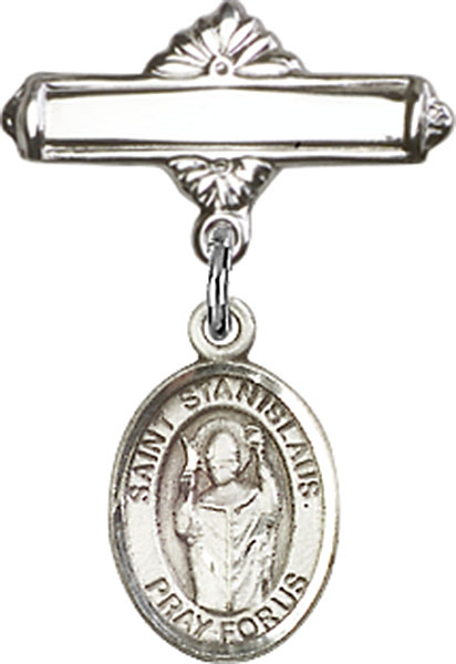 Personalized Baby Badge - Engraved Badge Pin with St. Stanislaus Charm
