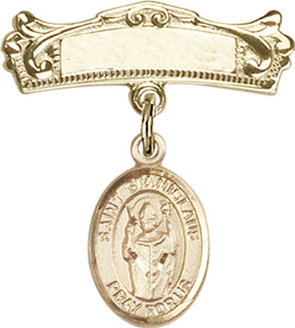Personalized Baby Badge - Engraved Badge Pin with St. Stanislaus Charm