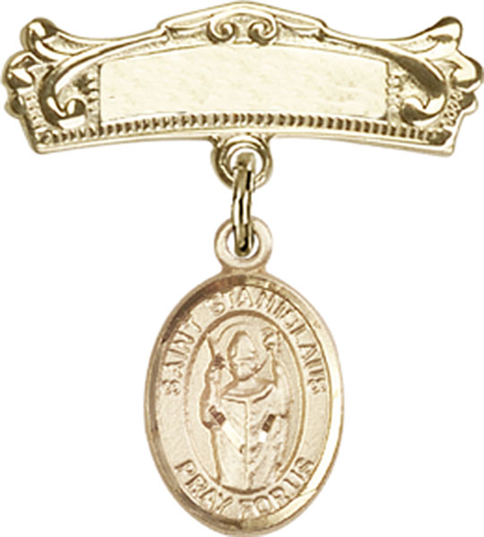 Personalized Baby Badge - Engraved Badge Pin with St. Stanislaus Charm