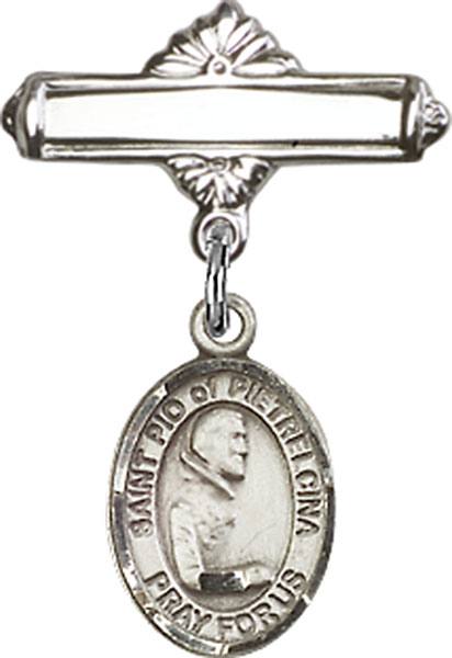 Personalized Baby Badge - Engraved Badge Pin with St. Pio of Pietrelcina Charm