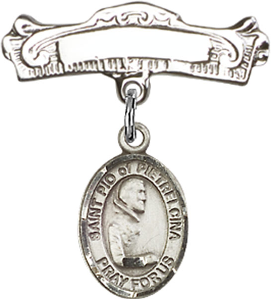 Personalized Baby Badge - Engraved Badge Pin with St. Pio of Pietrelcina Charm