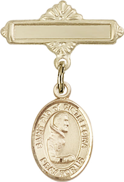 Personalized Baby Badge - Engraved Badge Pin with St. Pio of Pietrelcina Charm