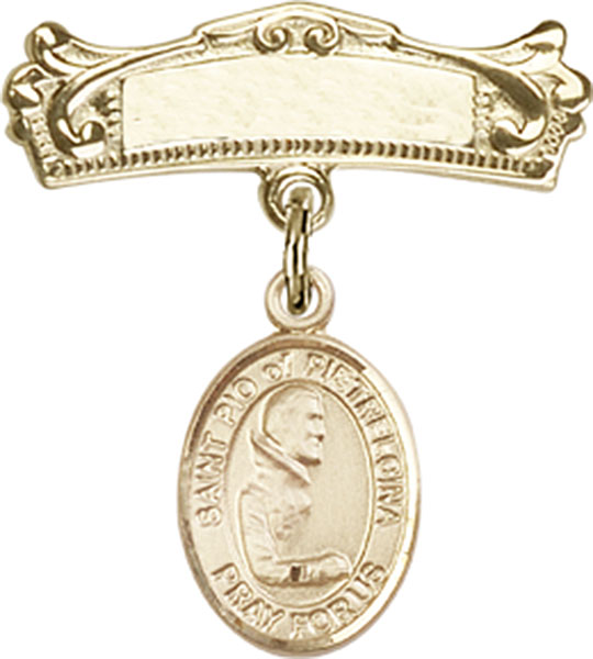 Personalized Baby Badge - Engraved Badge Pin with St. Pio of Pietrelcina Charm