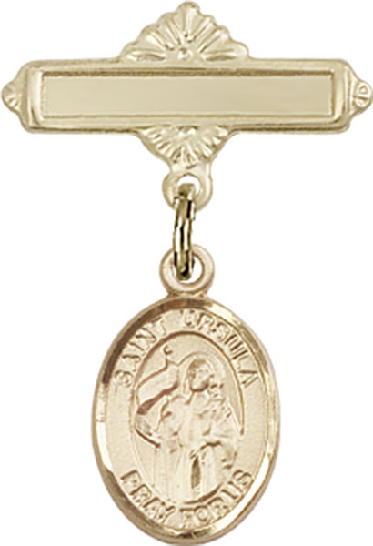 Personalized Baby Badge - Engraved Badge Pin with St. Ursula Charm