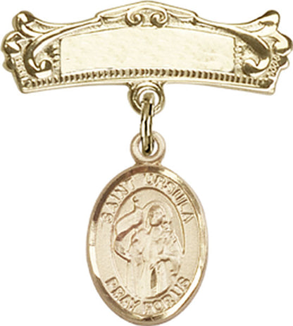 Personalized Baby Badge - Engraved Badge Pin with St. Ursula Charm
