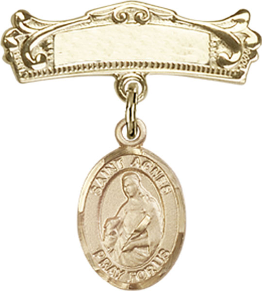 Personalized Baby Badge - Engraved Badge Pin with St. Agnes of Rome Charm
