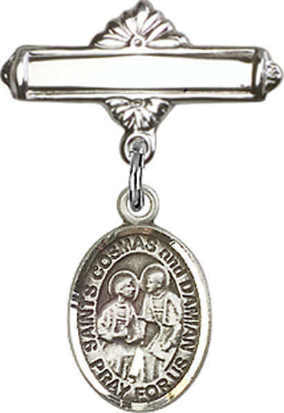 Personalized Baby Badge - Engraved Badge Pin with Sts. Cosmas & Damian Charm