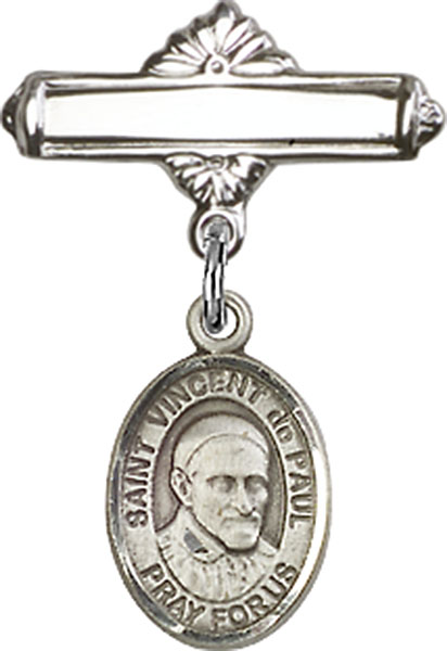 Personalized Baby Badge - Engraved Badge Pin with St. Vincent de Paul Charm