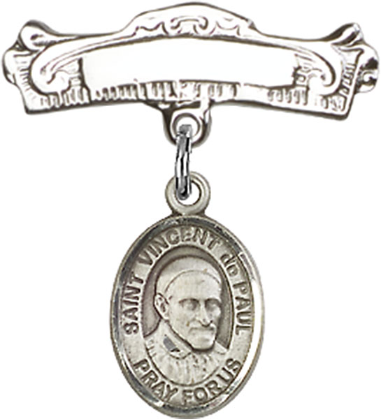 Personalized Baby Badge - Engraved Badge Pin with St. Vincent de Paul Charm
