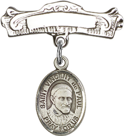 Personalized Baby Badge - Engraved Badge Pin with St. Vincent de Paul Charm
