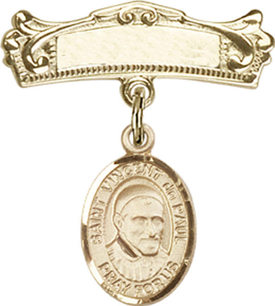 Personalized Baby Badge - Engraved Badge Pin with St. Vincent de Paul Charm