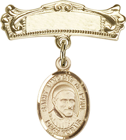 Personalized Baby Badge - Engraved Badge Pin with St. Vincent de Paul Charm