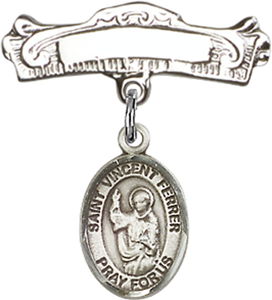 Personalized Baby Badge - Engraved Badge Pin with St. Vincent Ferrer Charm