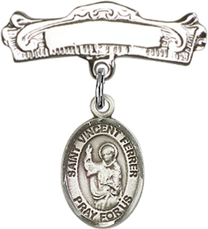 Personalized Baby Badge - Engraved Badge Pin with St. Vincent Ferrer Charm
