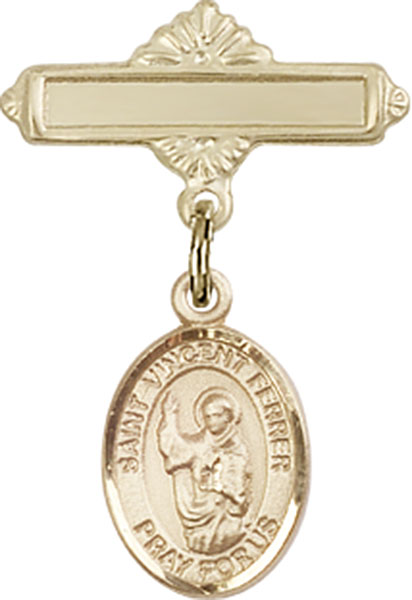 Personalized Baby Badge - Engraved Badge Pin with St. Vincent Ferrer Charm
