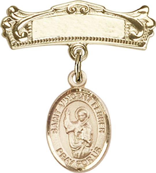 Personalized Baby Badge - Engraved Badge Pin with St. Vincent Ferrer Charm