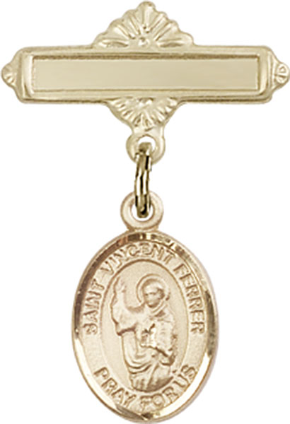 Personalized Baby Badge - Engraved Badge Pin with St. Vincent Ferrer Charm