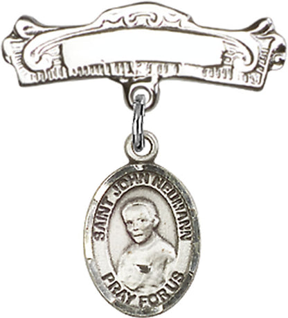 Personalized Baby Badge - Engraved Badge Pin with St. John Neumann Charm