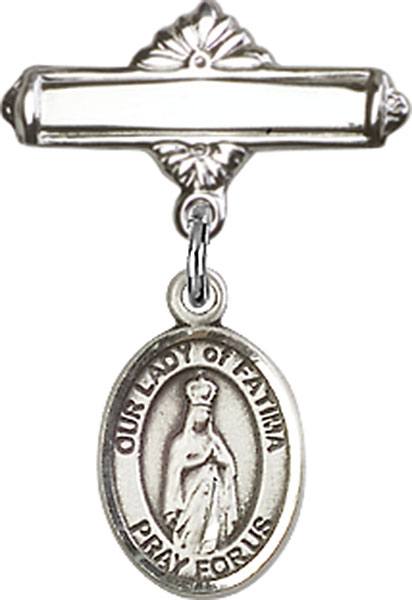 Personalized Baby Badge - Engraved Badge Pin with Our Lady of Fatima Charm