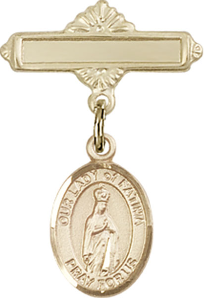 Personalized Baby Badge - Engraved Badge Pin with Our Lady of Fatima Charm