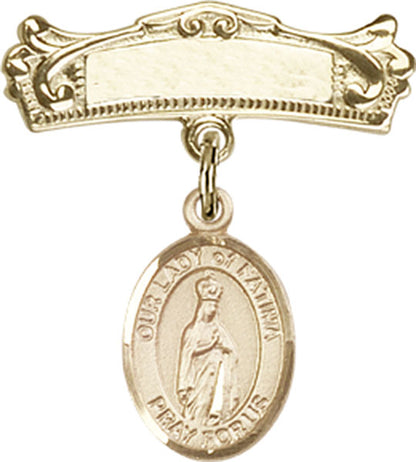 Personalized Baby Badge - Engraved Badge Pin with Our Lady of Fatima Charm