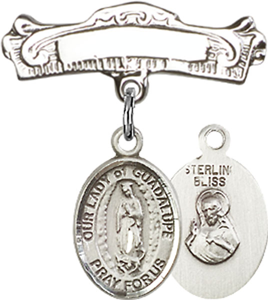 Personalized Baby Badge - Engraved Badge Pin with Our Lady of Guadalupe Charm