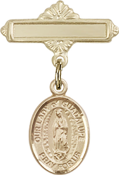 Personalized Baby Badge - Engraved Badge Pin with Our Lady of Guadalupe Charm