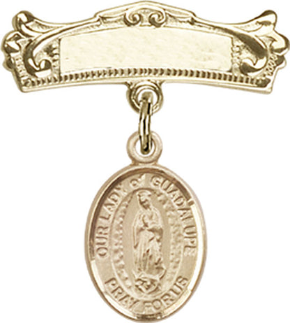 Personalized Baby Badge - Engraved Badge Pin with Our Lady of Guadalupe Charm