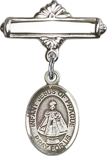 Personalized Baby Badge - Engraved Badge Pin with Infant of Prague Charm