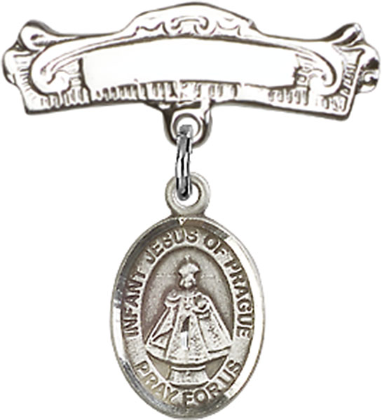 Personalized Baby Badge - Engraved Badge Pin with Infant of Prague Charm
