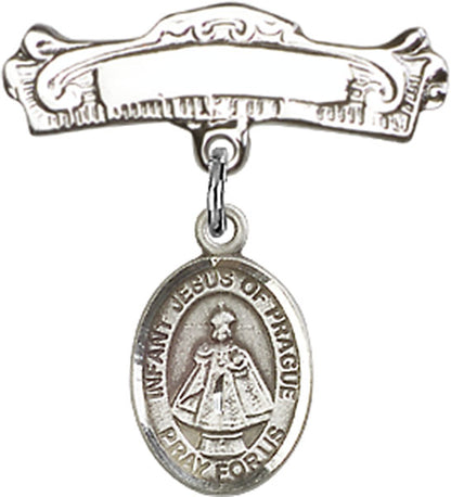 Personalized Baby Badge - Engraved Badge Pin with Infant of Prague Charm