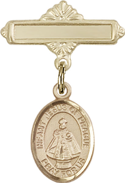 Personalized Baby Badge - Engraved Badge Pin with Infant of Prague Charm