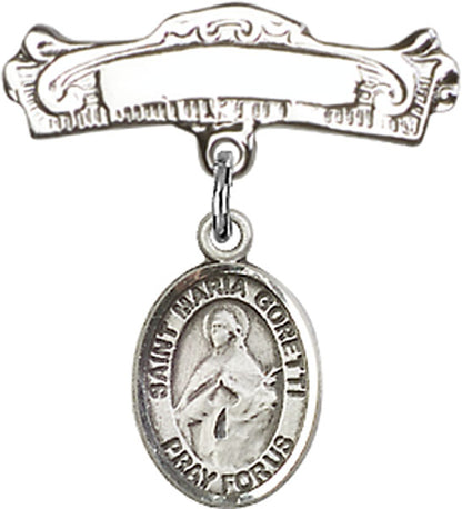 Personalized Baby Badge - Engraved Badge Pin with St. Maria Goretti Charm