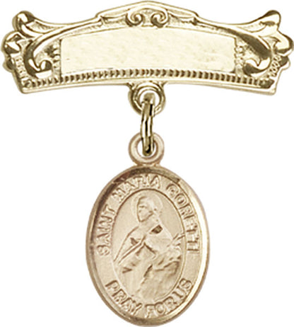 Personalized Baby Badge - Engraved Badge Pin with St. Maria Goretti Charm