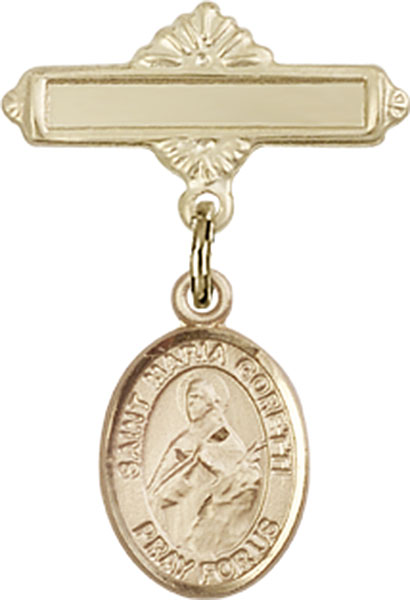 Personalized Baby Badge - Engraved Badge Pin with St. Maria Goretti Charm
