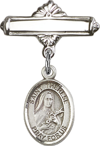 Personalized Baby Badge - Engraved Badge Pin with St. Therese of Lisieux Charm