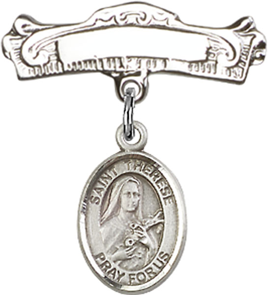 Personalized Baby Badge - Engraved Badge Pin with St. Therese of Lisieux Charm