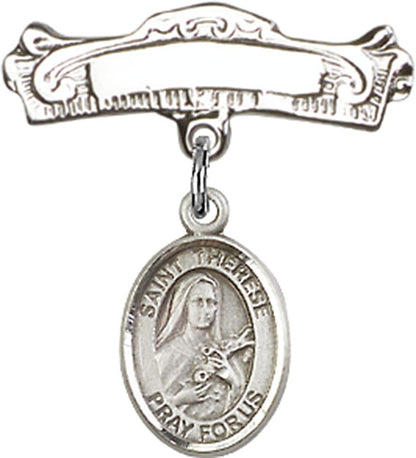 Personalized Baby Badge - Engraved Badge Pin with St. Therese of Lisieux Charm