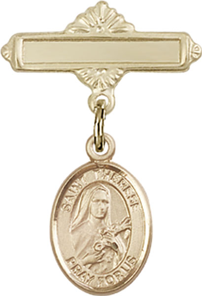 Personalized Baby Badge - Engraved Badge Pin with St. Therese of Lisieux Charm