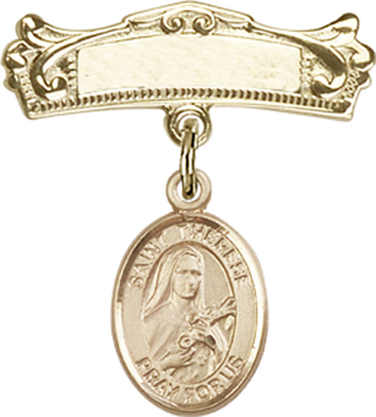 Personalized Baby Badge - Engraved Badge Pin with St. Therese of Lisieux Charm