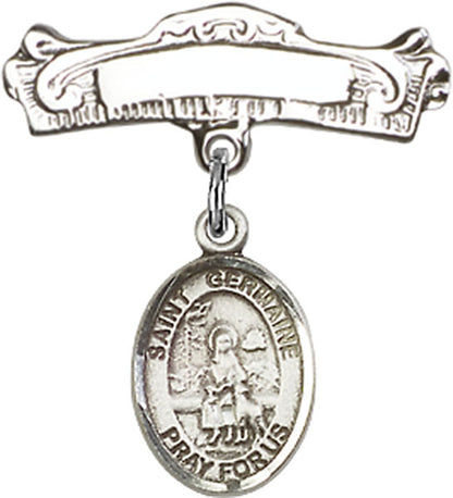 Personalized Baby Badge - Engraved Badge Pin with St. Germaine Cousin Charm